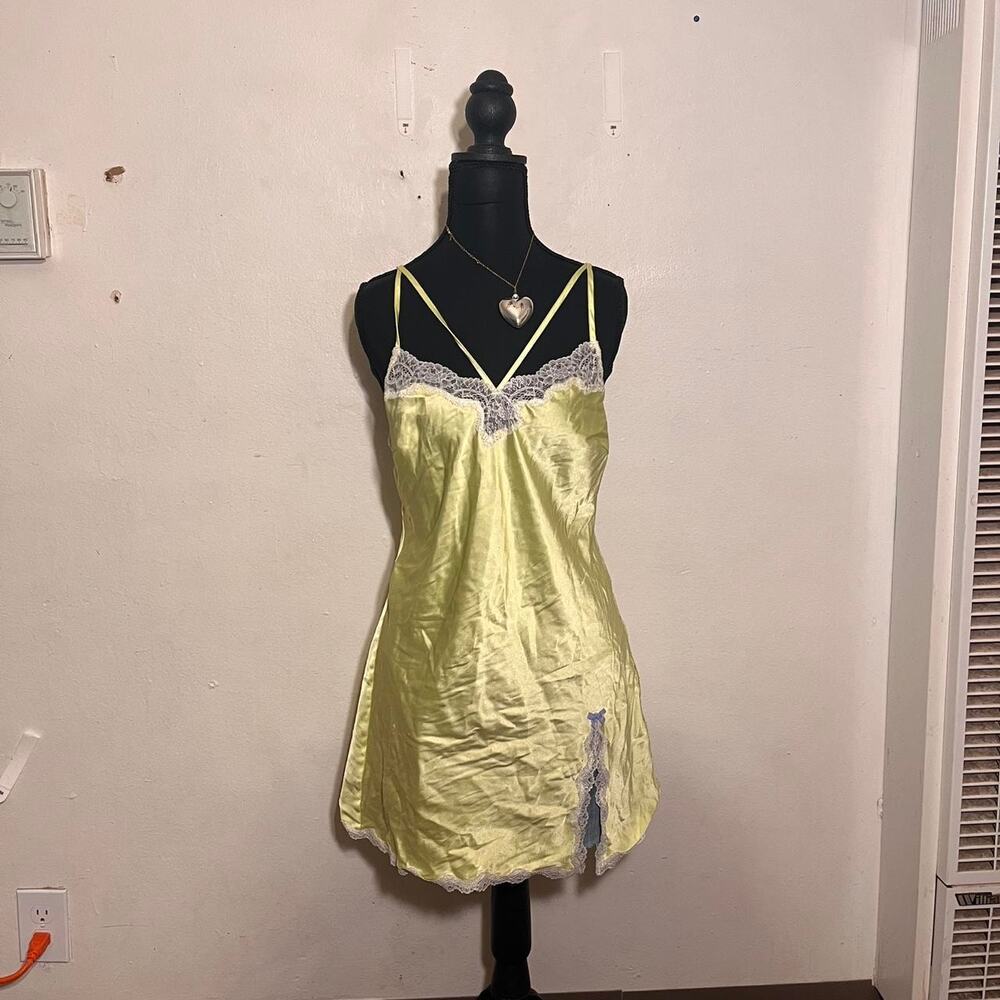 Victorias Secret bright yellow green Cami with blue bows and white lace